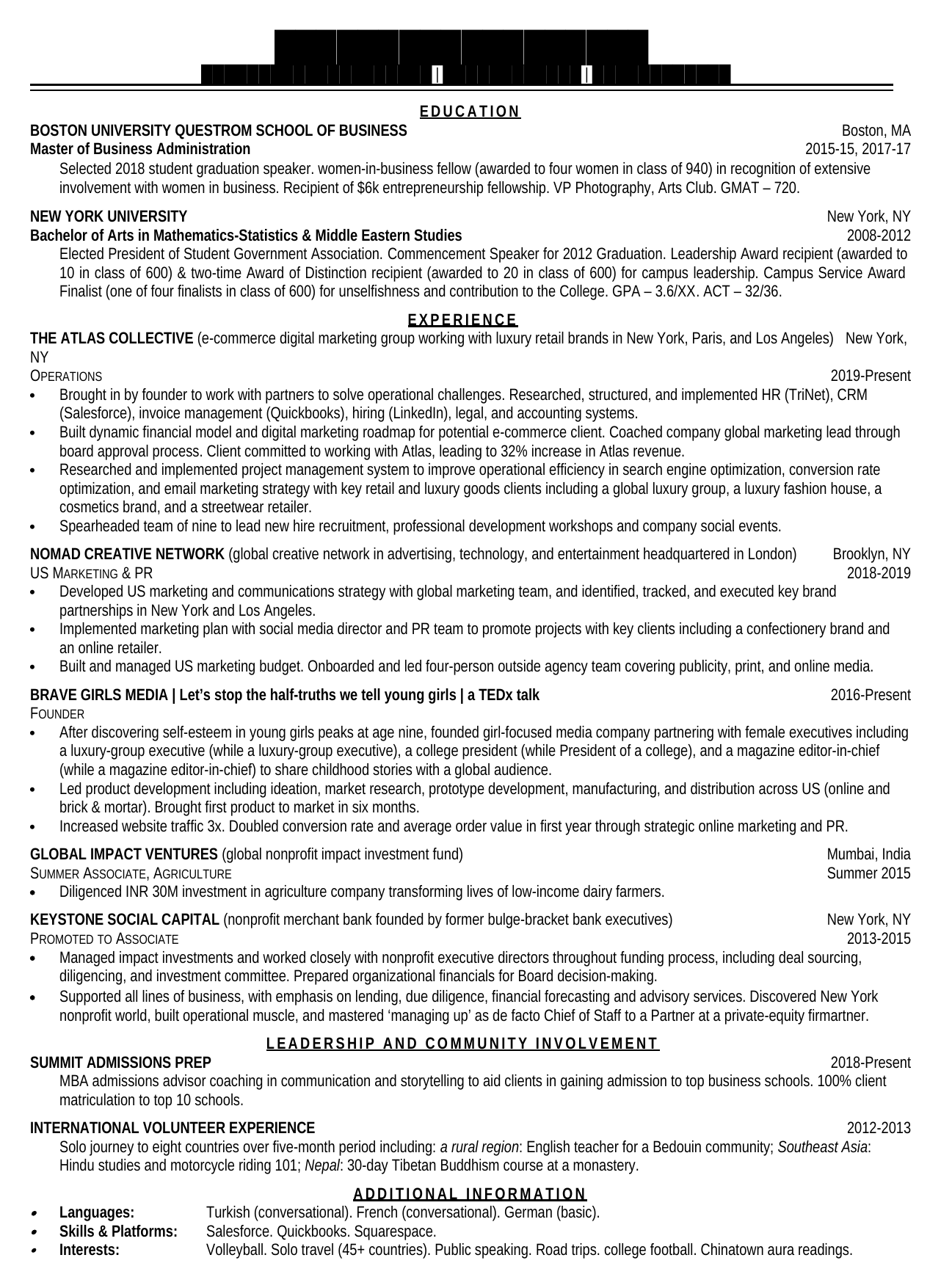Real MBA consulting resume example