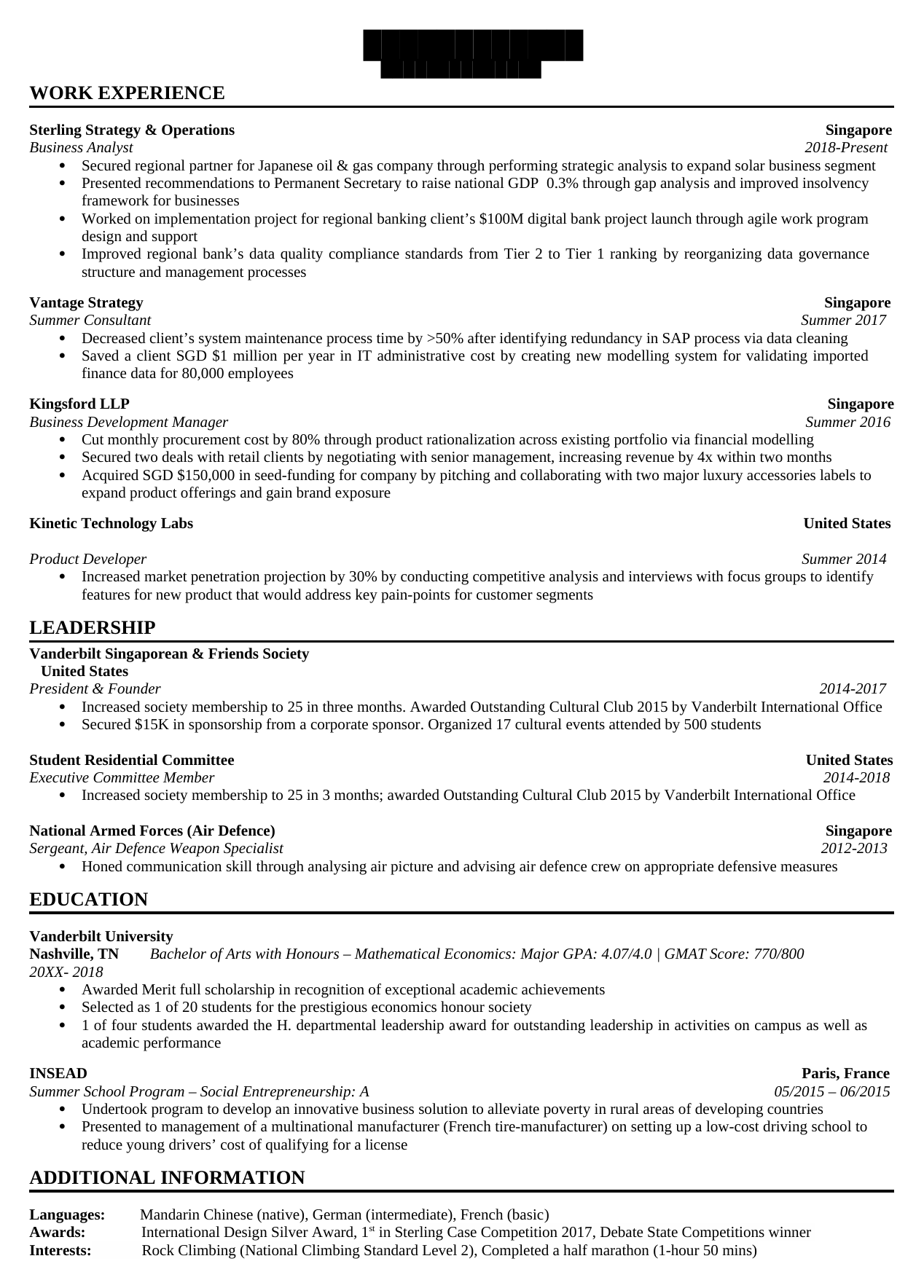 Real undergraduate consulting resume example